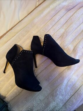 White House Black Market Black Suede Peep-Toe Stiletto Booties